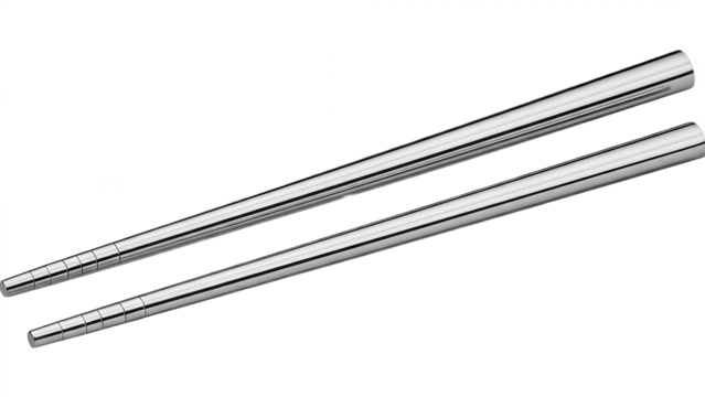 A pair of metal chopsticks angled diagonally against a dark background with a subtle reflective sheen