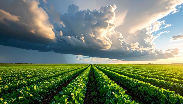 Green field rows stretch towards a dramatic sky with storm clouds and sunlight