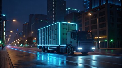 Futuristic truck with neon lights driving on a wet city street at night