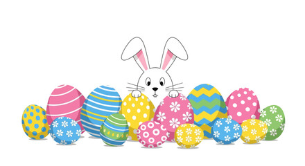 Easter Bunny Peeking Behind Colorful Easter Eggs Illustration