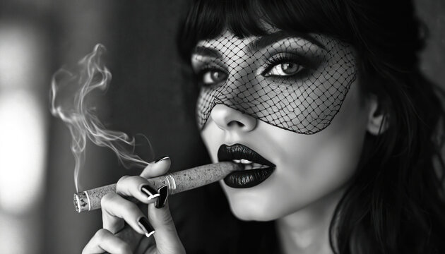 Glamorous young woman with dark makeup, fishnet veil smokes cigar. Looks directly, confidently. Retro style adds sensual, mysterious mood to fashion portrait. Black, white photo emphasizes dramatic