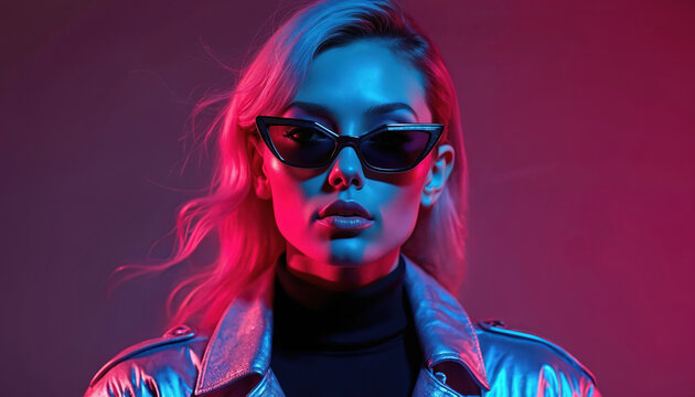 Young woman with blonde hair wears sunglasses and metallic jacket. Portrait of female model with stylish glasses and leather jacket lit by blue and red neon light in nightclub or disco atmosphere.