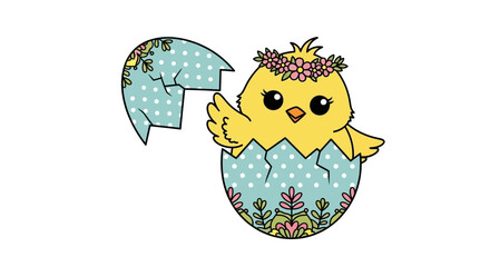 Cute Easter chick hatching from a decorative egg adorned with floral patterns and a flower crown, celebrating spring