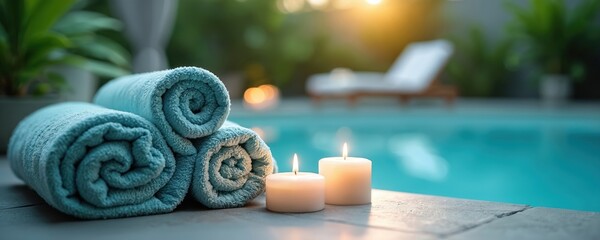 Soft rolled blue towels, two glowing candles placed by resort swimming pool. Tranquil evening setting promotes peaceful spa relaxation. Luxury wellness, calm atmosphere evident at sunset. Offers