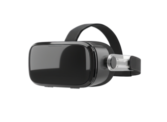 Close up detailed 3D render of a virtual reality headset with a black plastic casing and adjustable strap isolated on a transparent background