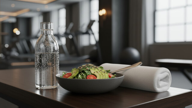 Fresh healthy salad bowl with green vegetables, avocado, and tomatoes, alongside a water bottle and towel in a modern fitness gym.