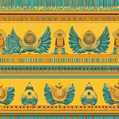 Yellow Turquoise Egyptian Border Pattern Seamless Tileable Design