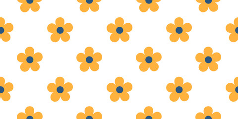 Vibrant seamless pattern featuring orange flowers with blue centers on a white background. Perfect for textiles, wallpapers, or digital designs, this vector illustration enhances any project.