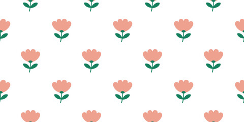 Seamless vector illustration depicting a floral pattern with stylized pink blossoms and green leaves on a white background. Ideal for textiles, wallpapers, and digital designs.