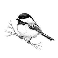 Fototapeta premium Black capped chickadee bird perched on a thin branch sketch