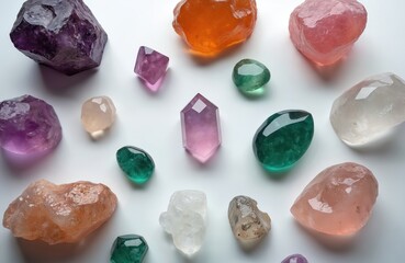 Collection of colorful natural rough mineral stones and polished gems arranged on a white surface. Variety of crystals include amethyst quartz and emerald for healing or decor.
