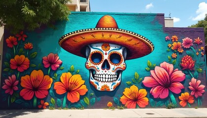 Obraz premium Colorful skull mural with sombrero and flowers painted on brick wall. Urban street art celebrates tradition with vibrant patterns and hispanic culture. Festive artwork.