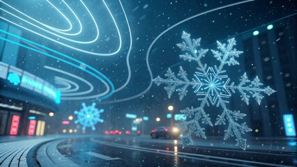 Snowflakes sparkle in a futuristic city during a winter snowstorm at night