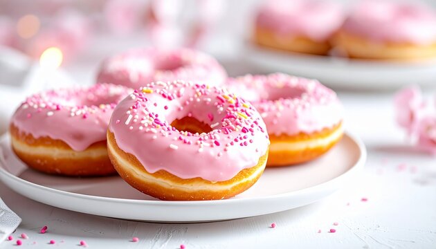 Pink Frosted Donuts with Sprinkles on a White Plate - Powered by Adobe
