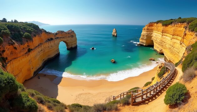 Golden sand beach with turquoise ocean waves meets yellow cliffs. Wooden stairs lead down to secluded cove with natural arch. Sunny day at coastal paradise.