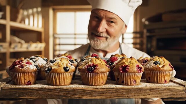 Smiling baker presents muffins with berries on wooden board. Freshly baked muffins feature blueberry, raspberry, and powdered sugar toppings, displayed proudly by bearded baker.