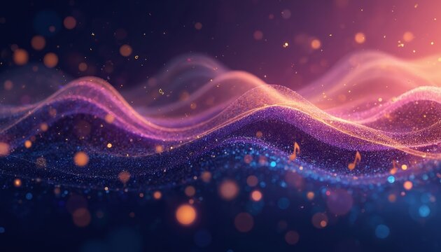 Abstract music background with vibrant sound waves made of particles. Flowing purple, blue glitter lines with golden musical notes. Festive, magical illustration for concert, celebration festival