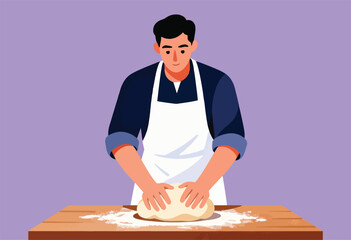 A person in an apron kneads dough on a wooden surface, surrounded by flour, against a purple backdrop