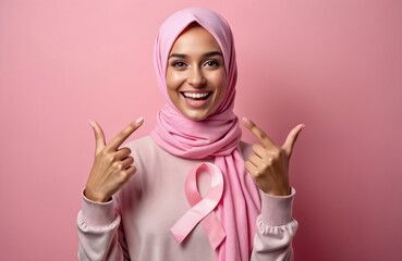 Young woman in pink headscarf wears breast cancer ribbon. Smiles broadly, points to bright teeth on pink background. Female supports cancer awareness campaign, shows healthy smile. Promotes health,