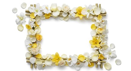 Elegant floral frame with white orchids, roses and yellow lilies on bamboo sticks