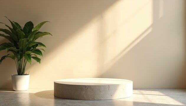 Empty light stone podium for product display. Green potted plant stands nearby. Soft sunlight creates natural shadows on beige wall and concrete floor, minimalist room. Perfect ad space.