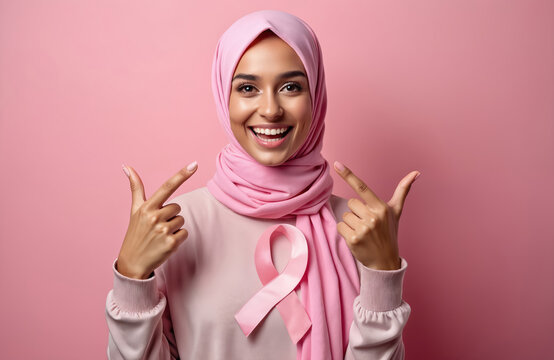 Young woman in pink headscarf wears breast cancer ribbon. Smiles broadly, points to bright teeth on pink background. Female supports cancer awareness campaign, shows healthy smile. Promotes health,