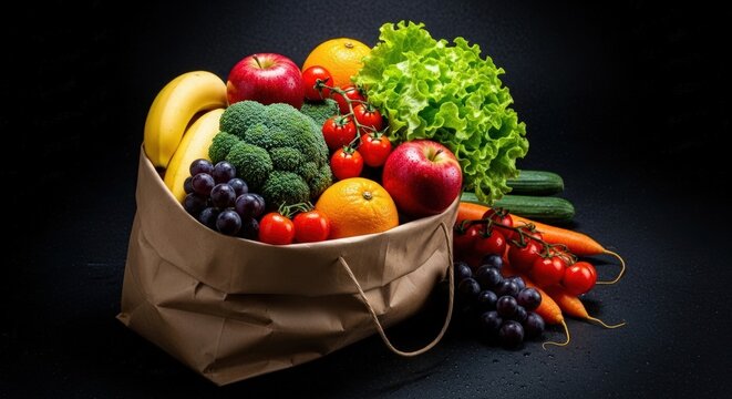 Fresh produce bursting from grocery bags offers healthy eating and vibrant lifestyles.