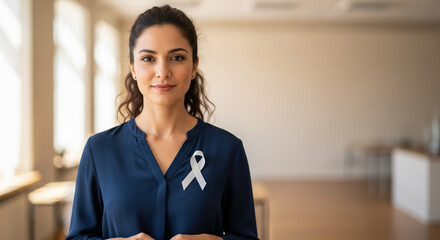 Woman showing support for Elimination of Violence by wearing white ribbon, symbolizing peace and solidarity against abuse. This visual reminder of Elimination of Violence aims to raise awareness,