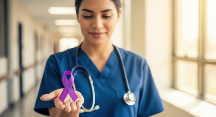 Supporting Epilepsy Awareness Month: healthcare professional holds purple ribbon in hospital corridor. Raising awareness for Epilepsy Awareness Month involves many dedicated people, events,