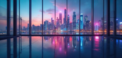 Modern office view of city skyline at dusk. Skyscrapers glow with neon lights, reflections shimmering on wet floor. Urban business district shows tech innovation and futuristic architecture.