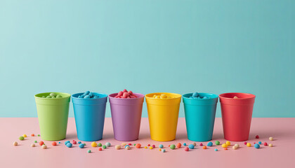 Colorful cups filled with candy on a pastel background create a playful atmosphere for a party