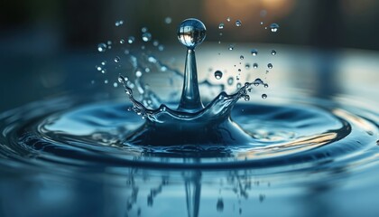 Close-up of water drop splash creating ripples. Tiny droplets disperse in air as liquid forms crown shape. Clean pure water dynamic motion macro shot.