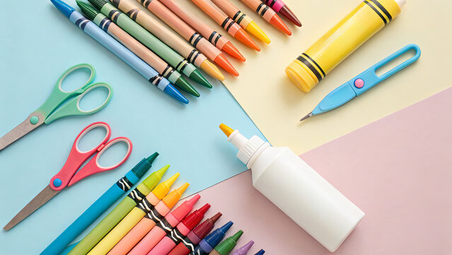 Colorful collection of art supplies arranged on a pastel background for creative projects and activities