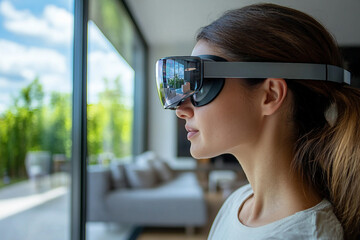 Focused person using high-tech vr headset in neon futuristic space, digital scanning interface, generative AI