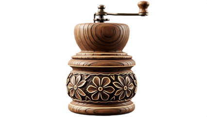 Close up of a vintage wooden coffee grinder with floral carvings on a black background studio shot