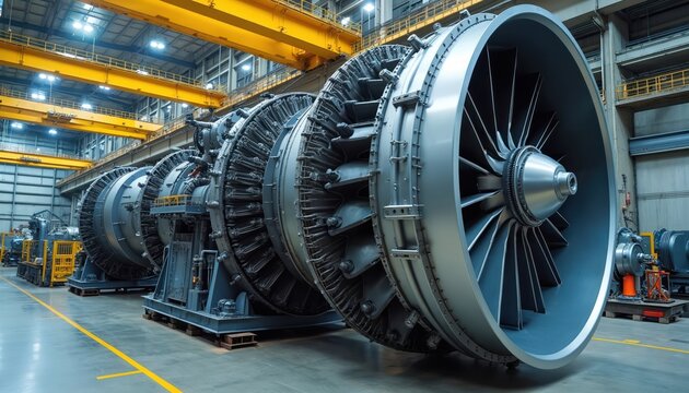 Fototapeta Large industrial turbine engines sit in a factory workshop. Giant metal components are arranged in a line ready for assembly or maintenance. Heavy machinery fills the production facility.