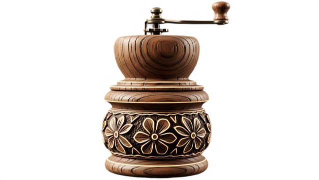 Close up of a vintage wooden coffee grinder with floral carvings on a black background studio shot