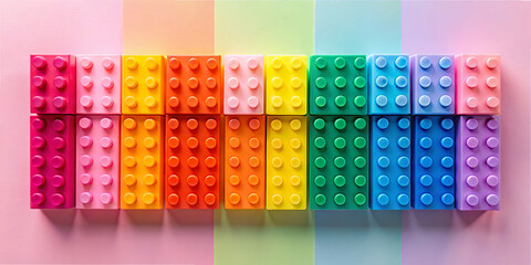 Bright and colorful LEGO bricks arranged in rainbow colors on a pastel background