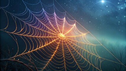 A spiderweb glistens with dew under the night sky, illuminated by starlight
