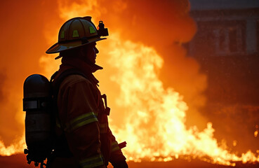 Naklejka premium Silhouette displays brave firefighter against fiery backdrop. Person wears full protective gear, helmet. Hero stands tall amidst danger. Hot flame burns with intensity in background. Symbol of