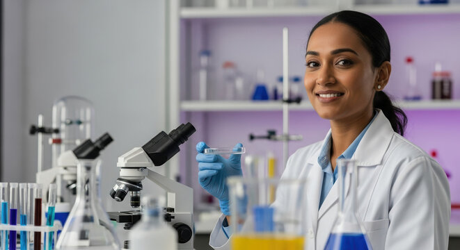 International Women's Day concept with smiling woman in lab coat. Celebratory International Women's Day scene in laboratory with scientific equipment and smiling female professional,