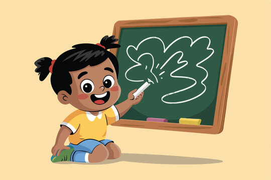 A smiling child with pigtails is drawing with chalk on a chalkboard. The board has a cartoon drawing