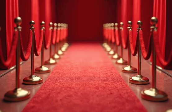 Red carpet entrance with golden barrier rope stanchions. Elegant walkway for prestigious award show film festival premiere. VIP path leading to celebrity success fame, glamour for hollywood star.