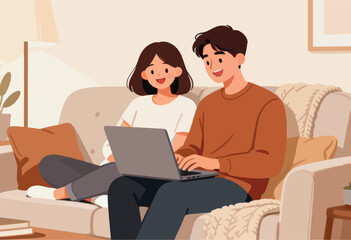 Illustration depicts a smiling couple on a couch, using a laptop in a cozy living room setting
