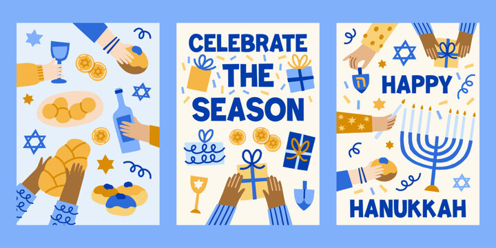 Modern Hanukkah vector cards set. Cute jewish holidays print designs with menorah, candles, star of David, challah, latkes, donuts, sufganiot, dreidel illustrations