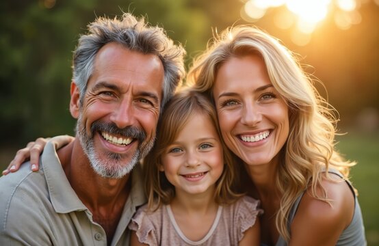Happy family portrait outdoor during golden hour. Parents and daughter smiling warmly at camera, enjoying sunny day. Represents love and togetherness, cherishing moments.