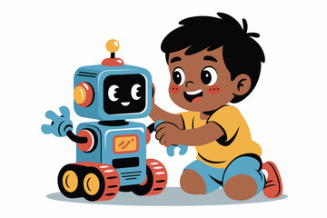 A child kneels, interacting with a cartoon robot, with blue and red details, on a white background