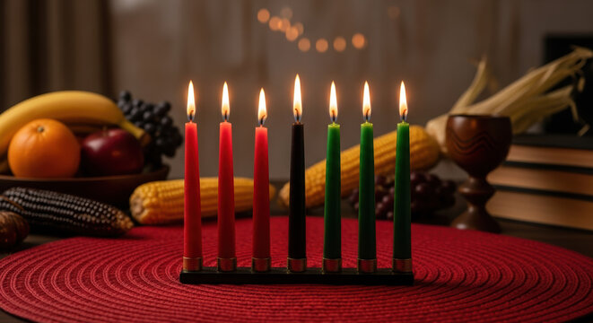 Kwanzaa celebration setup featuring seven candles on red mat, festive arrangement. This Kwanzaa display includes traditional symbols: fruits, vegetables, and warm candle light.