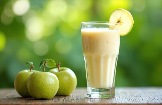 Fresh green apples and creamy smoothie garnished with lemon slice on wooden table. Natural blurred green background, healthy beverage for breakfast or snack.