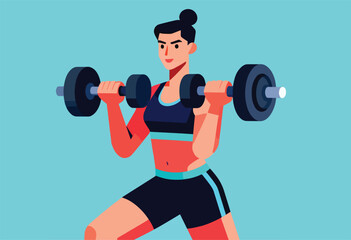 A woman in athletic attire lifts a barbell in a simplified, brightly colored illustration. Background is light blue